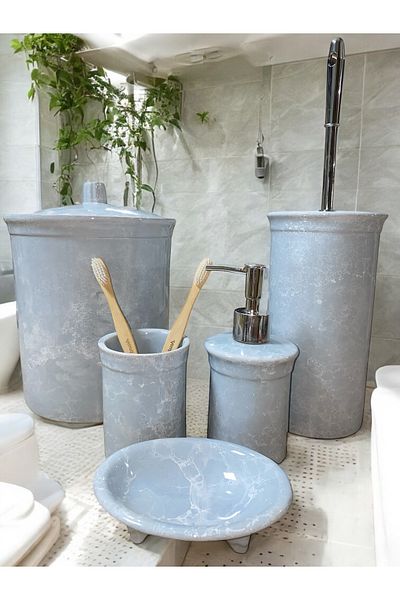 RED SERAMİK Red Ceramic Dara Collection Sky Blue Marble Patterned Lux 5-Piece Bathroom Set