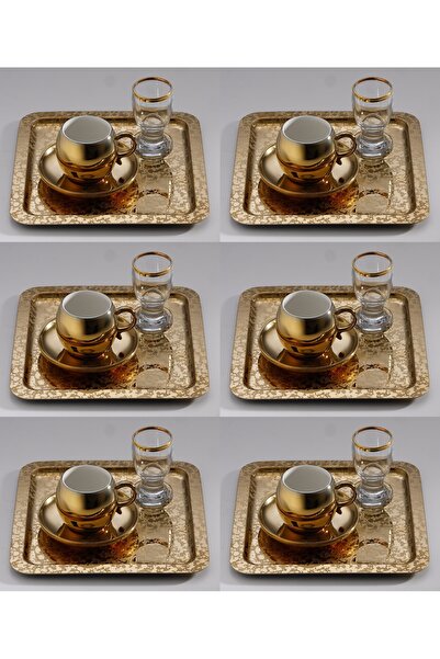 SİNİ Paslanmaz Çelik 6 Adet Kare Lüx Desenli Gold Ad-08 Kahve, Çay Sunum Servis Tepsisi