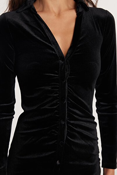 Tudors Kadın Slim Fit Dar Kesim Kısa Kol Siyah Mini Boy Elbise