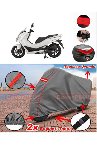 CoverPlus Mondial 125 Strada Arka Çanta Uyumlu Motor Brandası Motosiklet Brandası Kırmızı Dikişli Gri