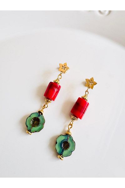 DEVİ fashion Flower Natural Stone Coral Earrings 7 cm