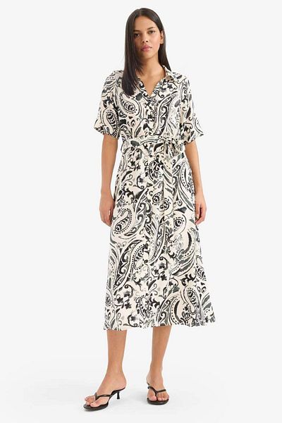 DeFacto New Season Shirt Collar Floral Pattern Belted Short Sleeve Midi Dress