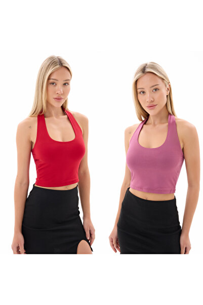 vesantia 2 Piece Dusty Rose Red Halter Crop
