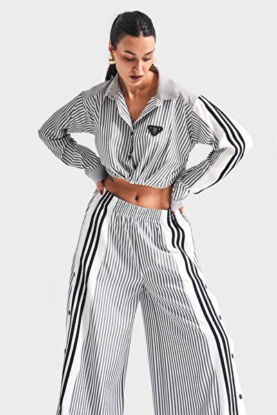 its basic Cămașă de damă cu dungi alb-negru cu design detaliat