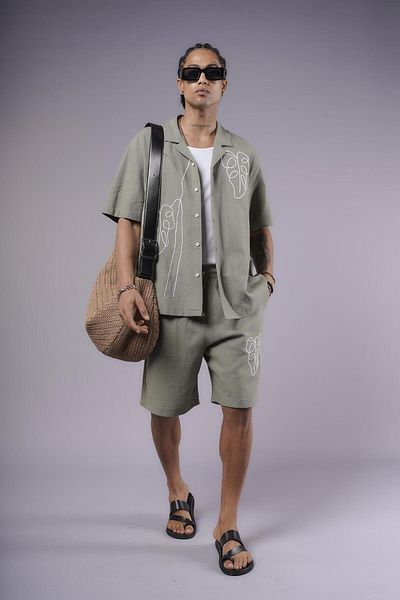 king brich Embroidery Detailed Cotton Linen Shorts Set