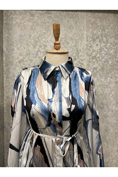 MİSS VİSHNE 25y5312 Gömlek Saten Desenli Mavi