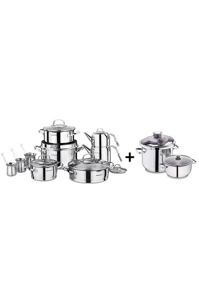 KORKMAZ Steama 15 Piece Steel Dowry Set + Aqua 6+4 Liter Pressure Set
