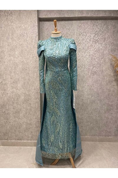 Hennin 24Y4884 فستان سهرة مزين بالأحجار مع غطاء خلفي نعناعي