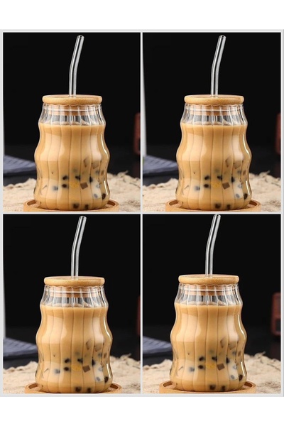 MİS KİTCHEN 4 قطع من أكواب القهوة الباردة المخططة بغطاء من الخيزران - كوب بين...