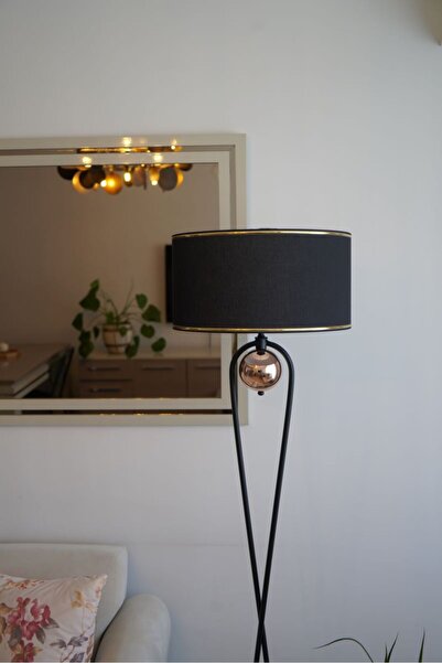 retro home design Sekiz Model Siyah Gold Detaylı Silindir Şapkalı Siyah Modern Tasarım Ayaklı Abajur Metal Lambader