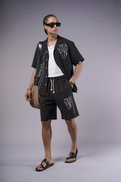 king brich Embroidery Detailed Cotton Linen Shorts Set