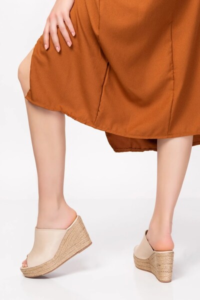gumushoe Women's Handmade Genuine Leather Straw Wedge Heel Slippers 6948