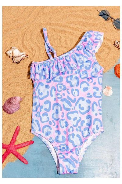 YUMİYUMM Girl's Leopard Patterned Ruffled Purple Swimsuit