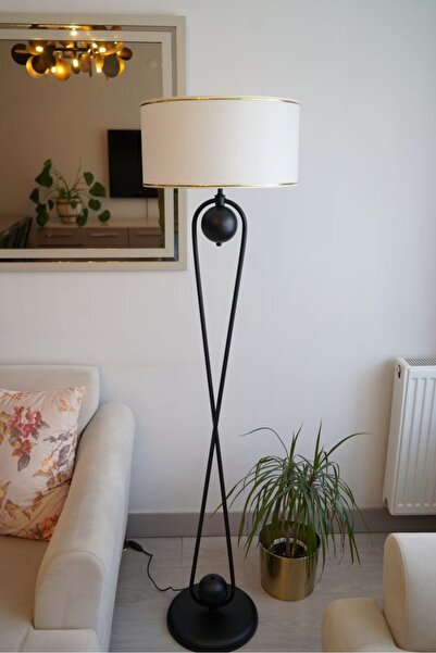 retro home design Sekiz Model Beyaz Gold Detaylı Silindir Şapkalı Siyah Modern Tasarım Ayaklı Abajur Metal Lambader