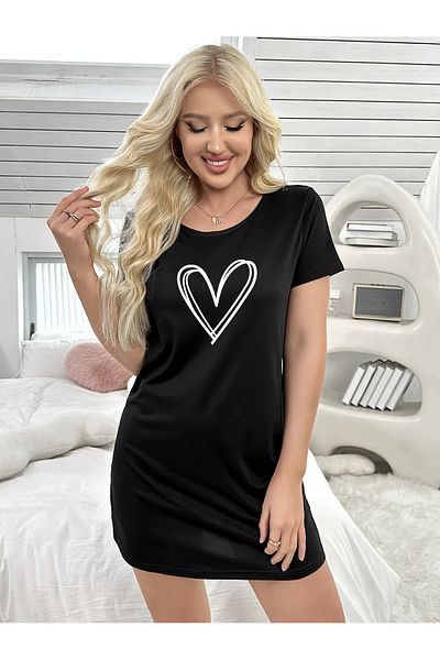LAND MODA Women's Heart Pattern Comfortable Pajama Dress, Short Sleeve Round Neck T-Shirt Dress, Comfortable Night Elb