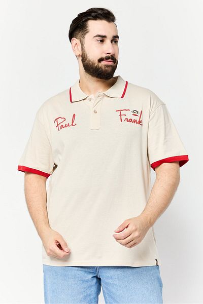 PAUL FRANK قميص بولو رجالي بقصّة عادية وأكمام قصيرة وشعار العلامة التجارية، بيج