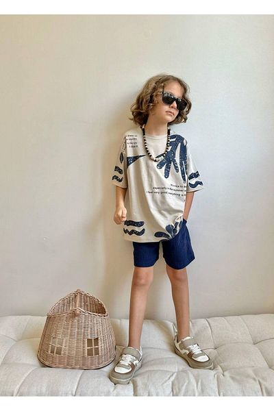 Jolly Kids Boy's Palm Printed Muslin Shorts Suit