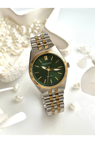 Ferrucci FERRUCCİ-(GOLD&GÜMÜŞ) yeşil iç kadran jübile kordon kadın kol saati
