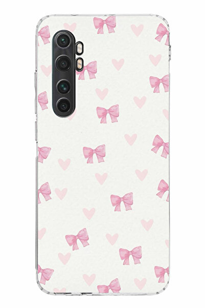 TechTree Mi Note 10 Lite Uyumlu Fiyonklar ve Pembe Kalpler Şeffaf Silikon Kılıf