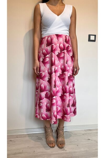520CK Pink Floral Print Long Skirt - Satin Long Skirt