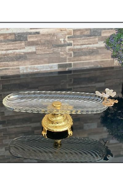 P H Panayır Home Glass Gold Metal Pedestal Boat Presentation Rack, Sugar Bowl, Tray, Glass Bowl
