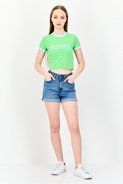 Esprit Women Crew Neck Short Sleeve Brand Logo Crop T-Shirt, Light Green