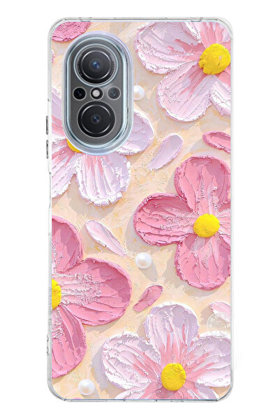 TechTree Huawei Nova 9 Se Uyumlu Pembe Beyaz Çiçekler Sulu Boya Şeffaf Siliko...