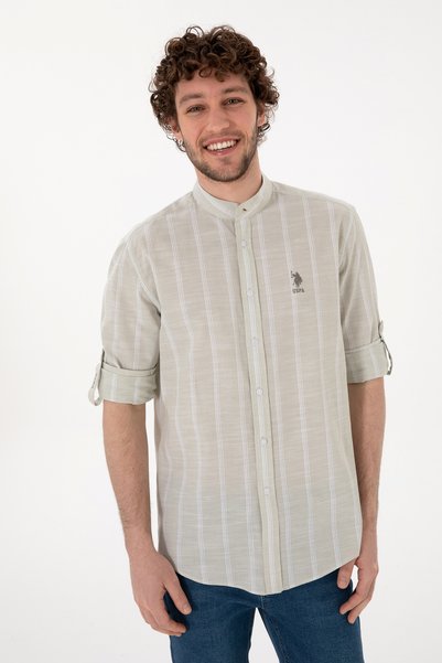 U.S. Polo Assn. Men Mandarin Collar Light Khaki Shirt 50306392-VR183