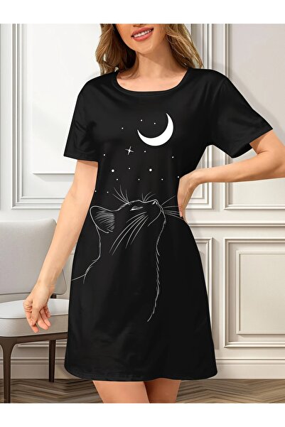 LAND MODA Kadın Günlük Kedi Baskılı Gece Elbisesi, Kısa Kollu Yuvarlak Yaka T...