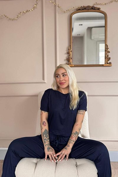 Pijamaevi Set pijamale pentru femei Blu Nuit Bamboo cu mânecă scurtă bleumarin