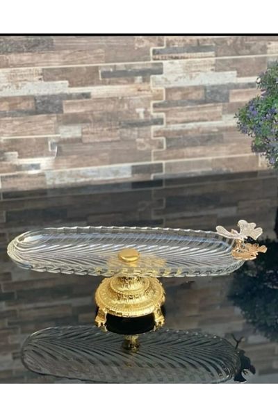 P H Panayır Home Glass Gold Metal Pedestal Boat Presentation Rack, Sugar Bowl, Tray, Glass Bowl