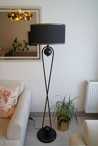 retro home design Sekiz Model Siyah Gold Detaylı Silindir Şapkalı Siyah Modern Tasarım Ayaklı Abajur Metal Lambader