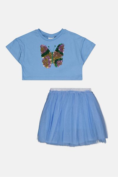 Miss Kids Girl 2Pcs Sequin Top And Skirt Set, Dusty Blue