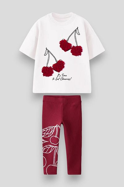 Magu Girl's Cotton White Cherry Themed T-Shirt and Claret Red Leggings Set - Pompom Appliqued