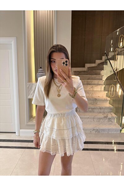 CKBUTİK Ekru Kısa Kol Vatkalı Tişört-241134