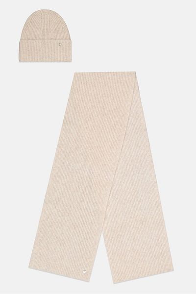 Esprit Women 2 Pcs Rib Knit Beanie And Scarf Set, Off White