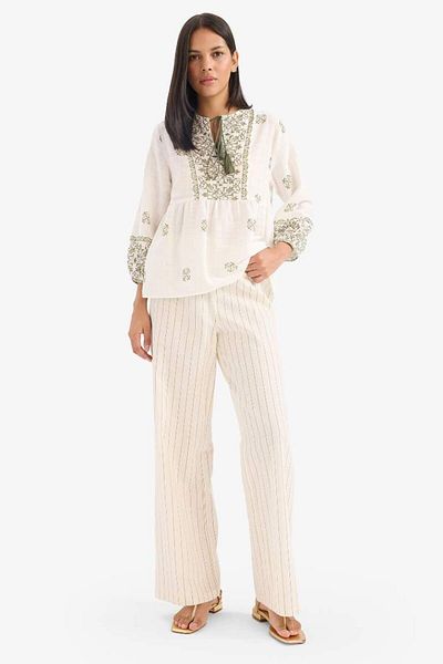 DeFacto New Season Regular Fit Striped Stretchy High Waisted Linen Blend Palazzo Trousers