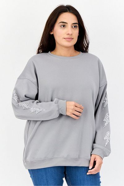 No Comment Women Crew Neck Textured Long Sleeves Sweatshirt, Grey