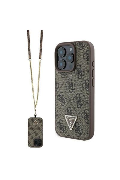 Guess iPhone 16 Pro Max Leather Metal Logo Strass Crossbody Case, Brown