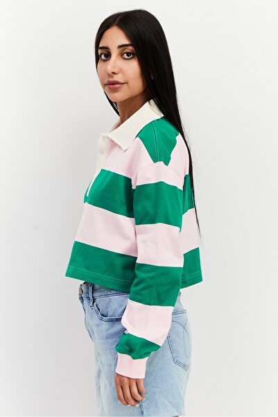 Esprit Women Spread Collar Long Sleeve Color Block Top, Green/Pink