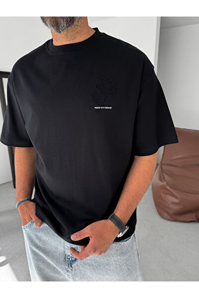 BYBASICMAN Μαύρο πάντα ανάγλυφο μπλουζάκι Oversize YP-5082