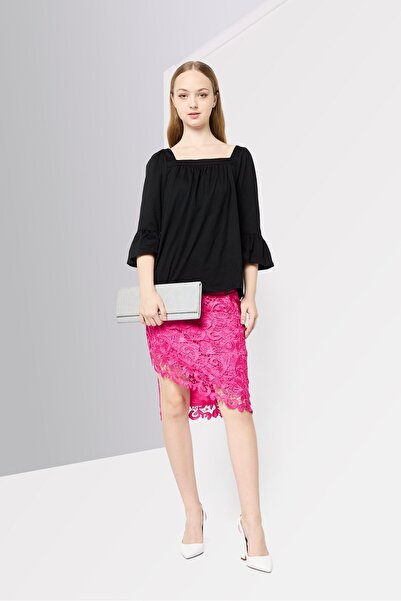 Michael Kors Women Square Neck Elbow Sleeve Plain Blouse, Black