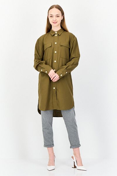Esprit Women Sppread Collar Long Sleeves Tunic Shirt, Olive
