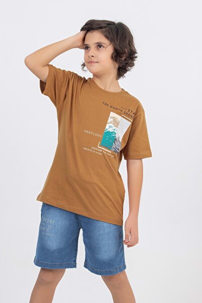 wakawakakidsstore Комплект за момчета с къси панталони от деним с принт - кафяв - 11-12 години