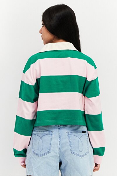 Esprit Women Spread Collar Long Sleeve Color Block Top, Green/Pink