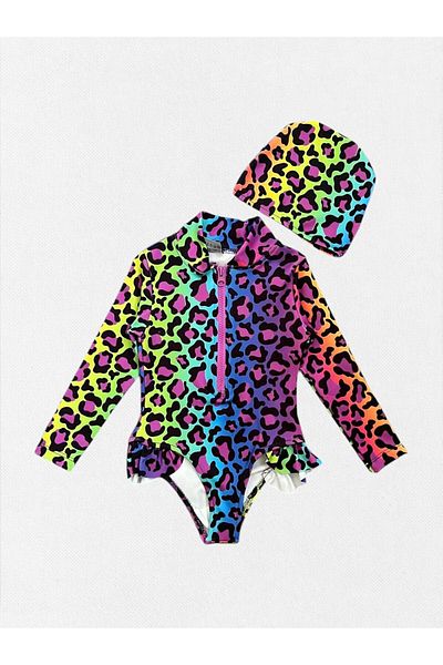 Fil Kids Girls Colorful Leopard Print Front Zipper Long Sleeve Ruffle Stretchy Tight Woven Bonnet Swimsuit