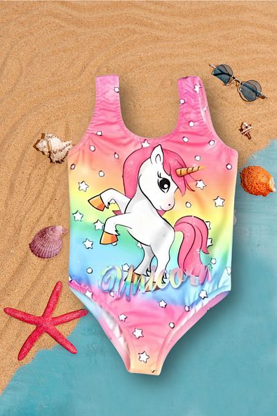 Gülersan Tekstil Unicorn Patterned Girl's Swimsuit - Digital Printing, for Sea and Pool