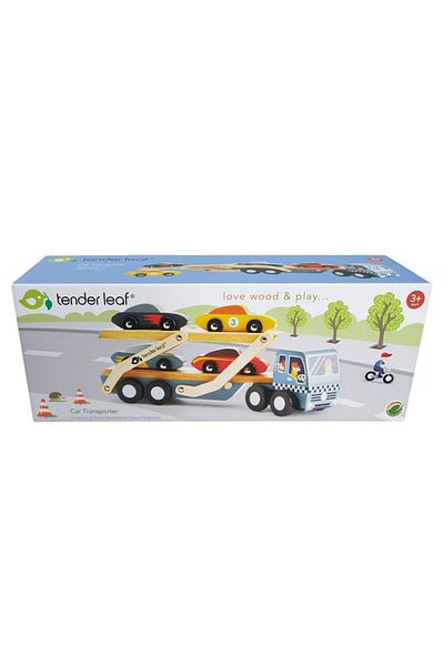 Tender Set de joaca din lemn Tender Leaf Toys - Transportor Auto Sport