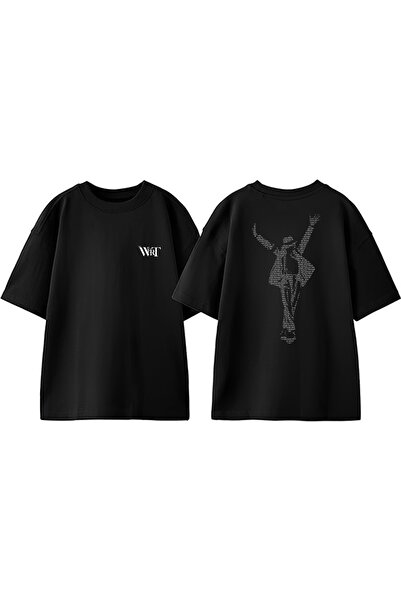 THEWERT Tricou negru oversize din bumbac cu imprimeu pe spate Michael Jackson