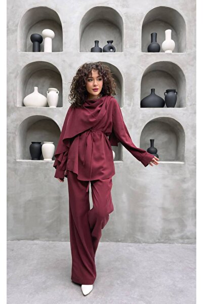 Molly Nelly Women's Shawl Collar Modal Trousers Blouse Set